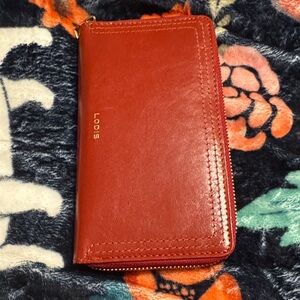 Lodis Red Leather Zip Around Wallet with Gold Accents